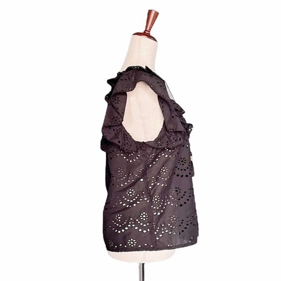 NWT Nicole Miller Top Black Cotton Eyelet Flutter Sleeve Blouse Size Small NEW - Picture 5 of 16